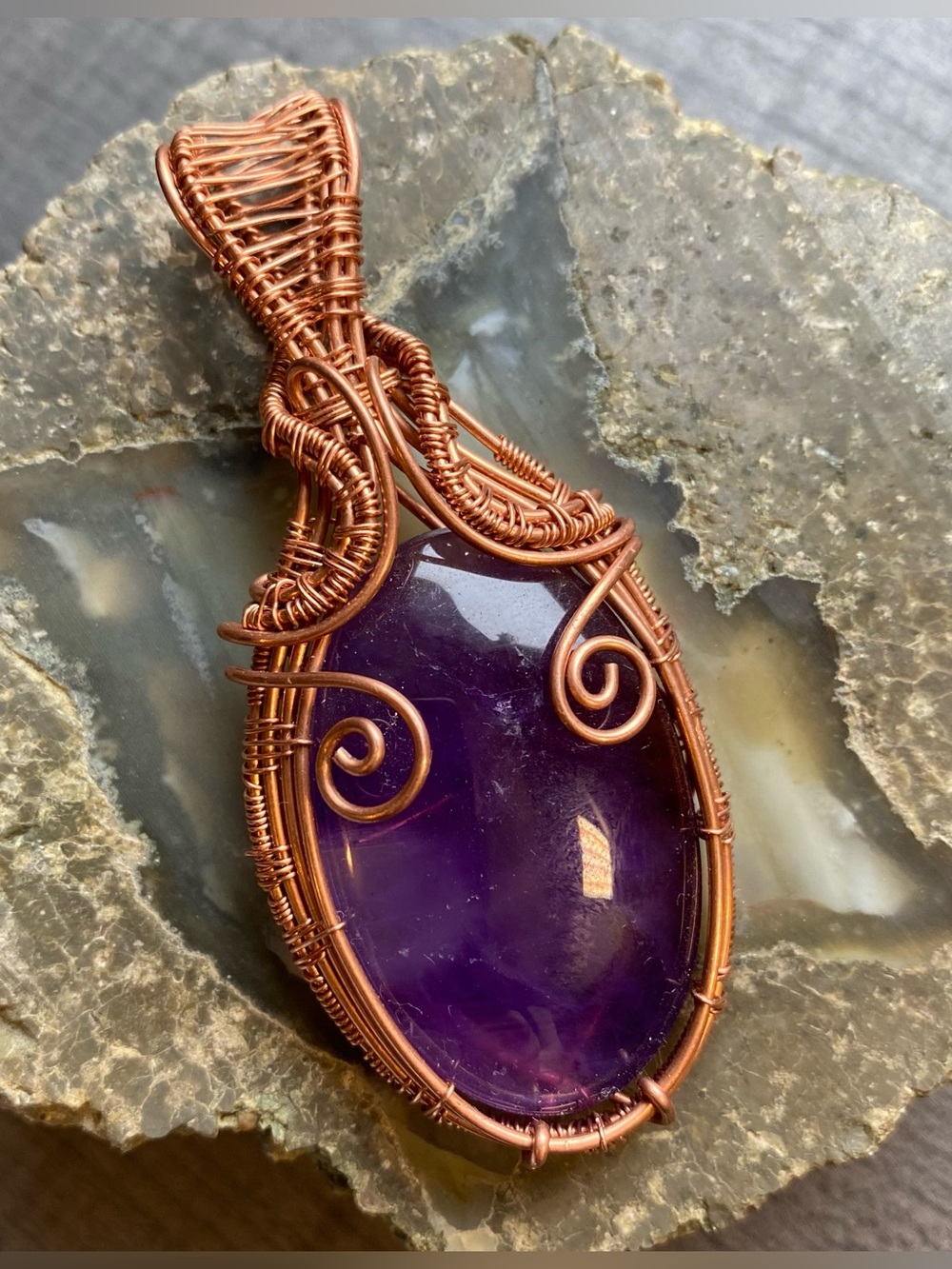 NWOT Genuine Dark Amethyst Crystal Gemstone, Copper Wire-Wrap Pendant